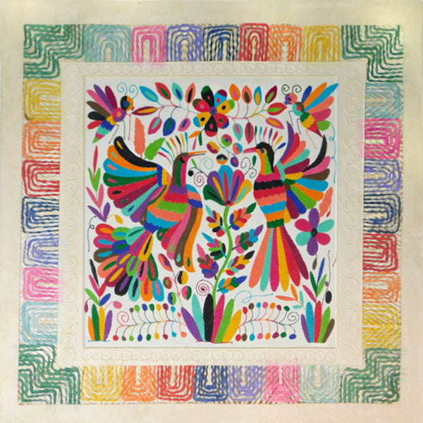 Mixed Media Wall Art: Embroidered Peacocks & Flowers Bark Paper