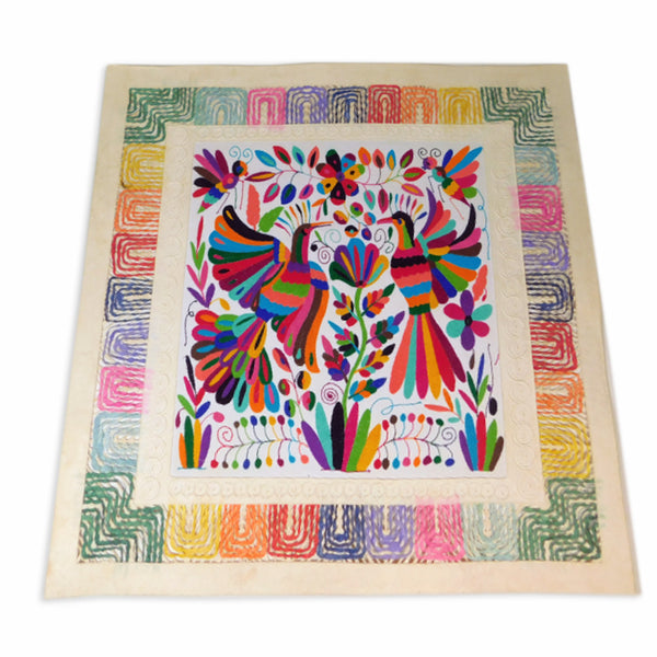 Mixed Media Wall Art: Embroidered Peacocks & Flowers Bark Paper