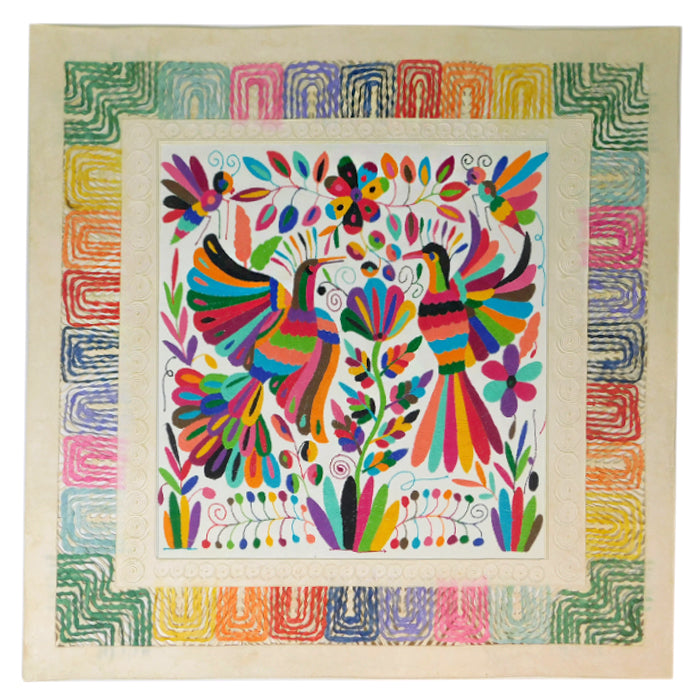 Mixed Media Wall Art: Embroidered Peacocks & Flowers Bark Paper