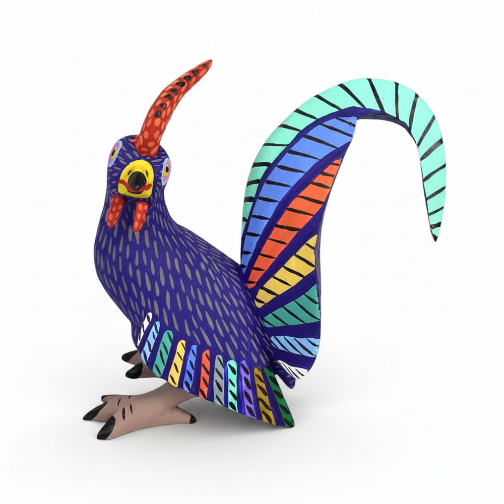 Colorful rooster Alebrije figurine with a patterned tail on a white background