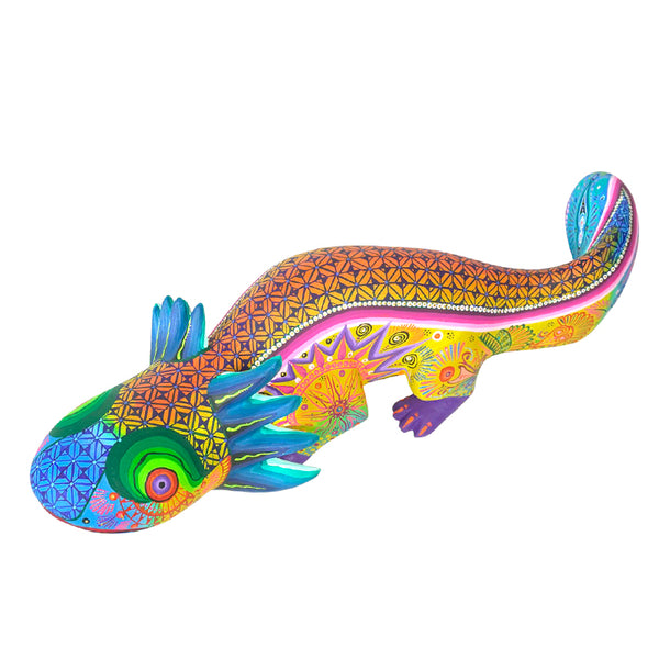 Colorful axolotl Alebrije with geometric patterns on a white background