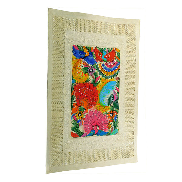 Mixed Media Wall Art: Woven Paper Hand Painted Peacocks