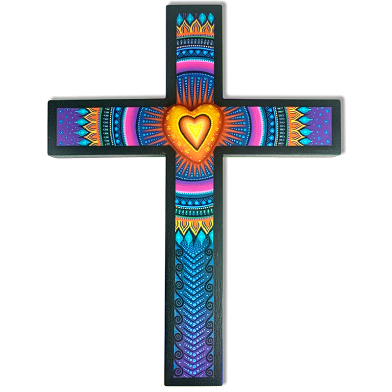 Julia Fuentes: Large Sacred Heart Cross Woodcarving