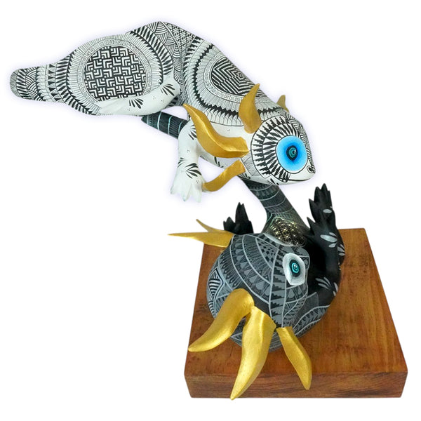 Oaxaca wood sculpture of two Axolotes
