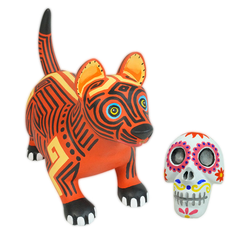 Luis Pablo: Colima Dog with Sugar Skull Mask Wood Figurine