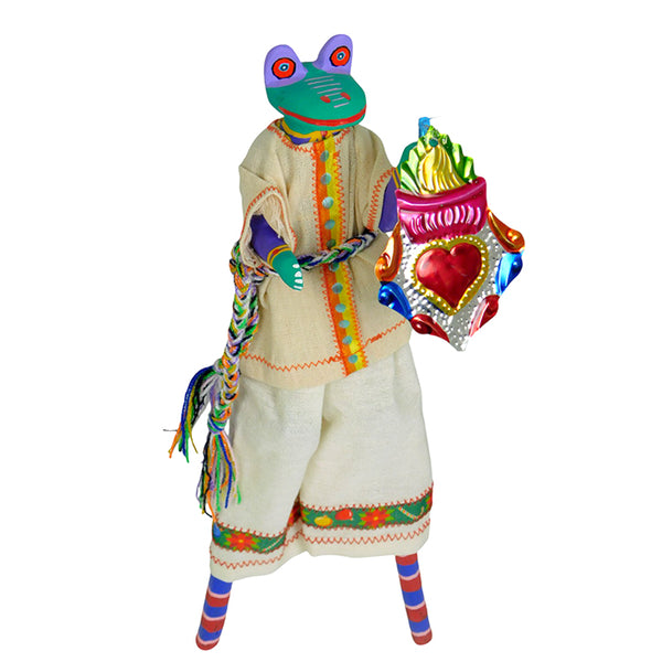 Martin Melchor: Frog on Stilts with Tin Ornament Woodcarving