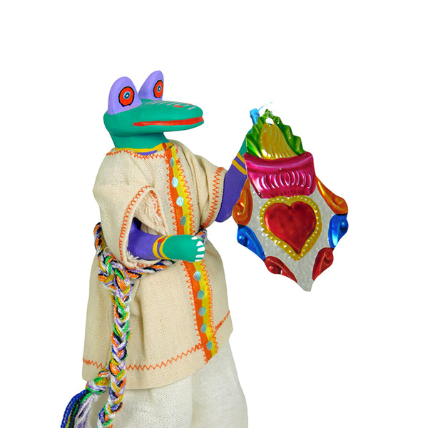 Martin Melchor: Frog on Stilts with Tin Ornament Woodcarving