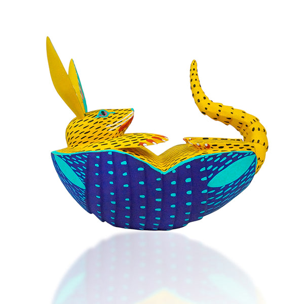 Rocking Oaxacan Armadillo woodcarving , in yellow and blue hues. Handmade in Mexico.