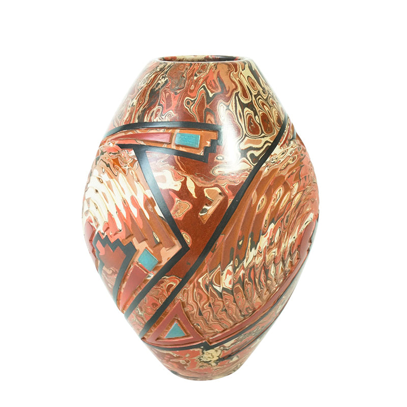 Salvador Baca: Marbled Clay & Geometric Relief Olla