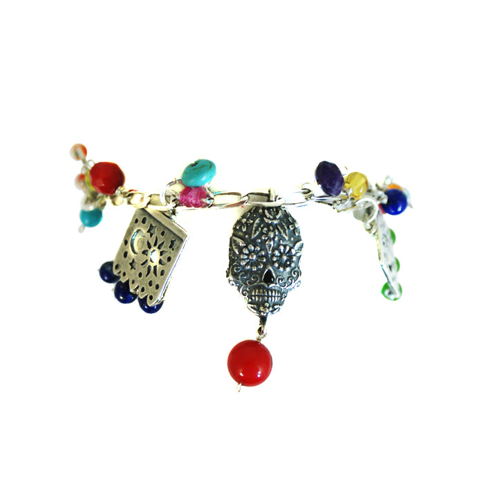 Silver Skulls Bracelet: Silver, Semiprecious Stones