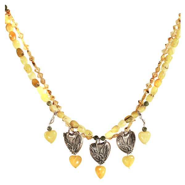 Nature's Wheat Hearts Necklace: Silver, Jasper, Citrine and Agate