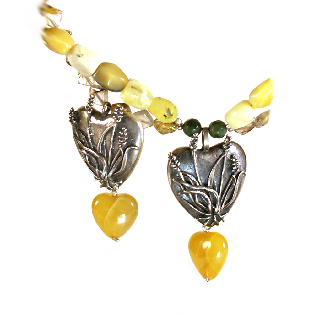 Nature's Wheat Hearts Necklace: Silver, Jasper, Citrine and Agate