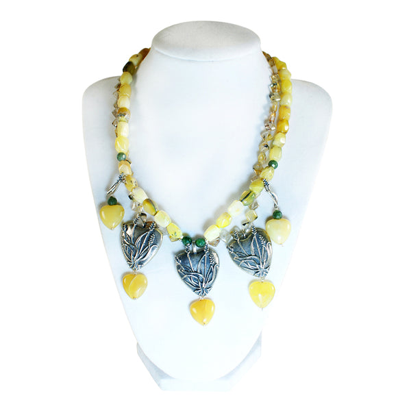 Nature's Wheat Hearts Necklace: Silver, Jasper, Citrine and Agate