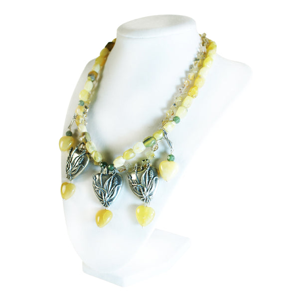Nature's Wheat Hearts Necklace: Silver, Jasper, Citrine and Agate