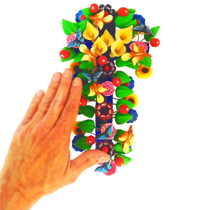 Juan Hernandez Family: Large Flowers and Birds Metepec Cross