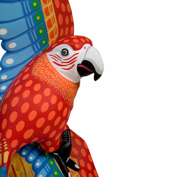 Parrot alebrije figurine with red, blue, and orange feathers on a white background