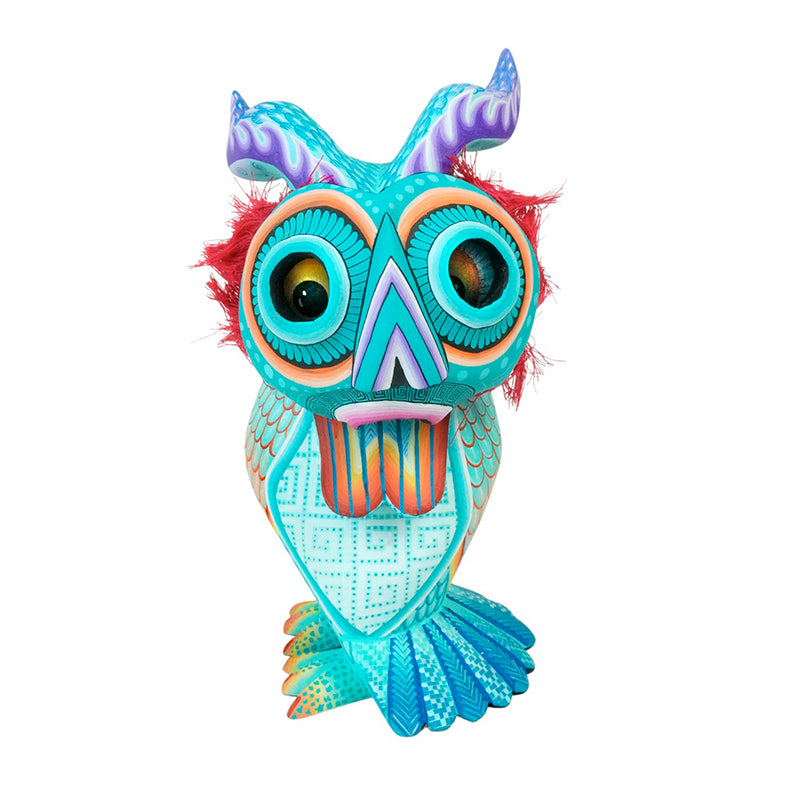 Colorful handmade owl alebrije wood figurine with intricate patterns , with a removable mask