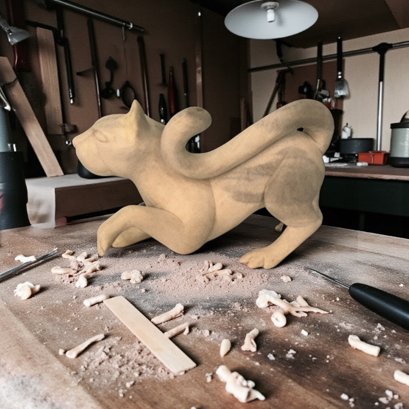 Copal wood sculpture of a ca on a workbench with woodcarving tools in a workshop setting