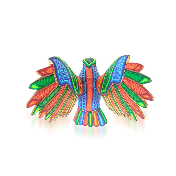Colorful eagle-shaped sculpture on a white background
