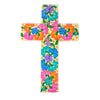 Decorative wood cross with colorful floral design on a white background