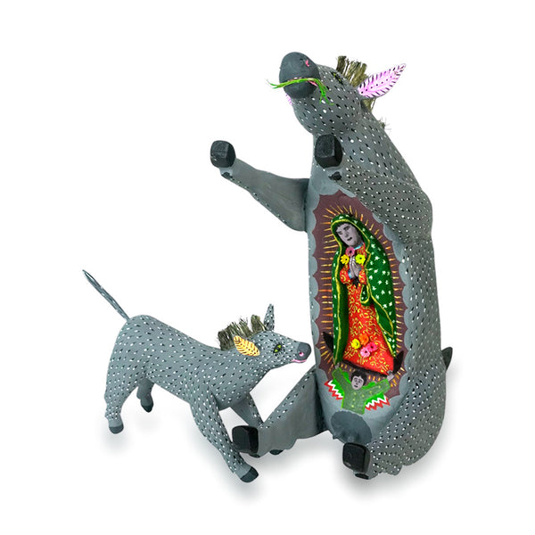 Gabino Reyes: Donkey with Baby Our Lady of Guadalupe Woodcarving