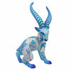 A decorative Alebrije stylized deer wood figurine with long curved horns, decorated in blue, teal, and white with floral and geometric patterns, set against a plain white background.