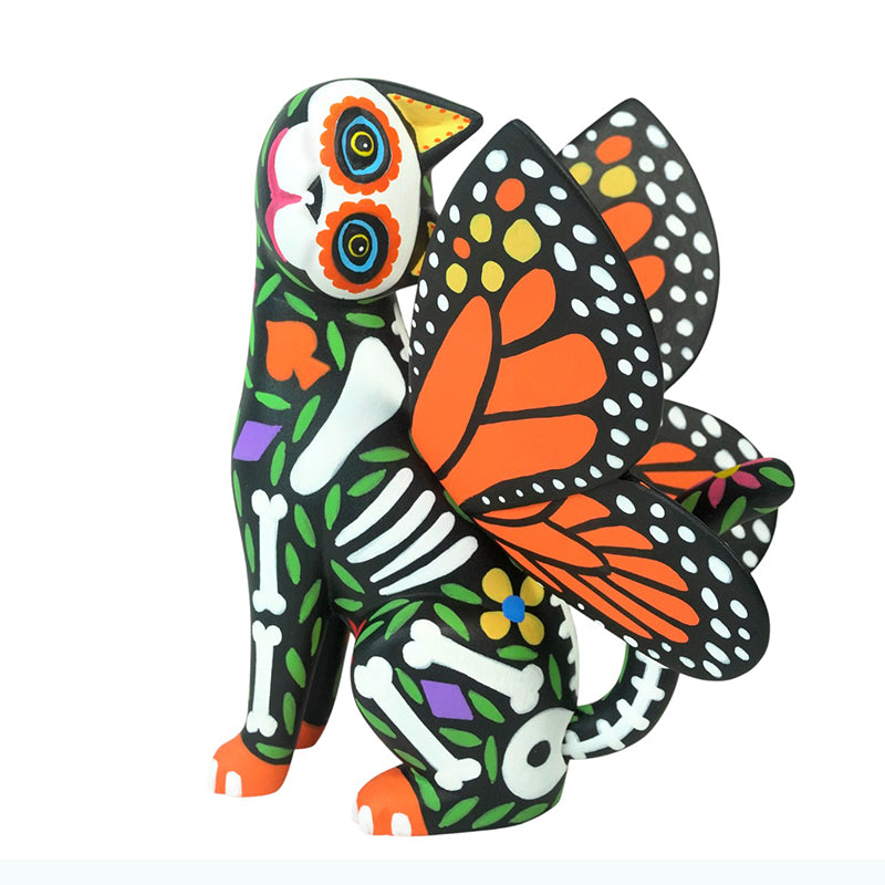 Luis Pablo: Day of the Dead Cat with Butterfly Wings Woodcarving  O