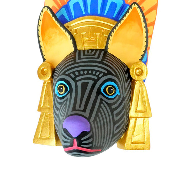 Xoloitzcuintli dog mask with Aztec headdress, hand-painted alebrije