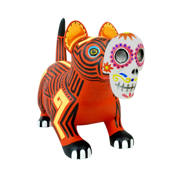 Luis Pablo: Colima Dog with Sugar Skull Mask Wood Figurine