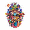 Full view of a ceramic Nativity Tree of Life by the Hernandez family of Metepec, showing God at the top, an angel with outstretched wings over the manger scene with Mary, Joseph, and baby Jesus beneath an arched tiled roof, and the three Wise Men at the base, surrounded by sunflowers, roses, and monarch butterflies.