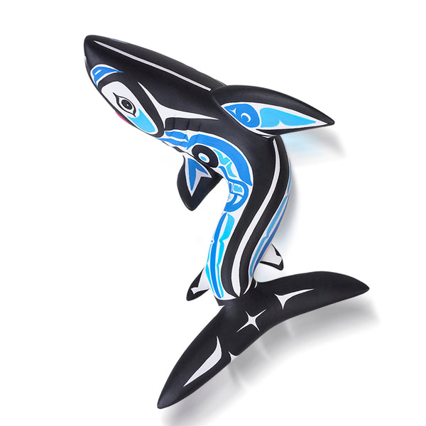 Shark original Alebrije  with Pacific Northwest blue and white patterns on a white background