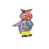 Hand-painted copal wood owl alebrije by Candido Jiménez, purple body with floral details, Oaxacan folk art