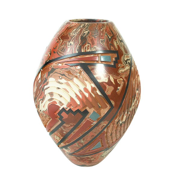 Salvador Baca: Marbled Clay & Geometric Relief Olla