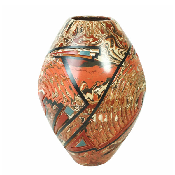 Salvador Baca: Marbled Clay & Geometric Relief Olla