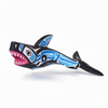 Oaxacan woodcarving  shark with blue and black design on a white background