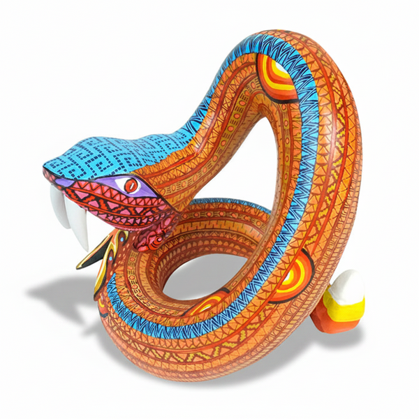 Handcrafted snake woodcarving hand painted in orange and yellow hues