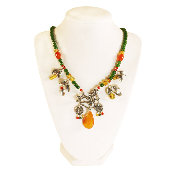 Bicycle & Leafs Necklace: Silver, Amber & Jade