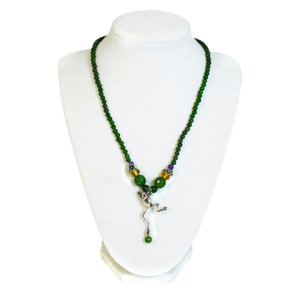 Jumping Frog Necklace & Earrings: Jade, Amber & Silver