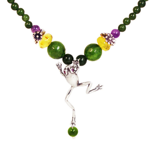 Jumping Frog Necklace & Earrings: Jade, Amber & Silver