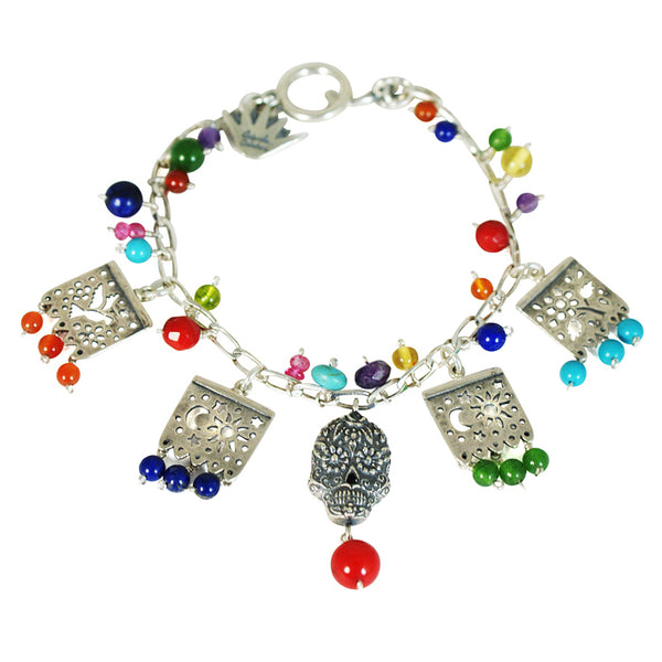 Silver Skull & Papel Picado Bracelet: Silver, Turquoise, Amber