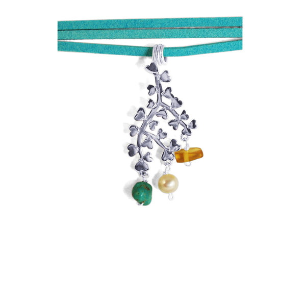 Branch of Love Pendant Blue: Silver, Amber, Turquoise & Pearl
