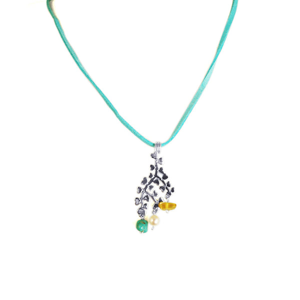 Branch of Love Pendant Blue: Silver, Amber, Turquoise & Pearl