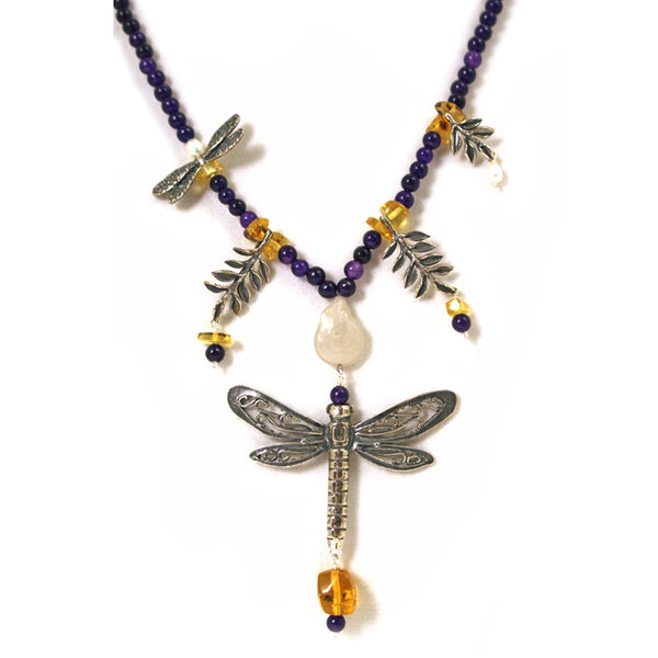 Dragonflies & Leaves Necklace: Amethyst  Amber & Pearls