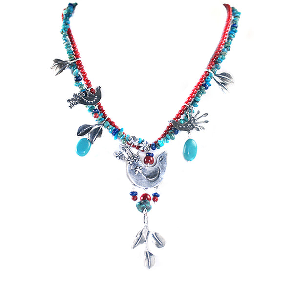 Spring Birds Necklace: Turquoise, Coral & Silver