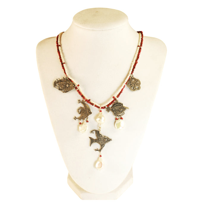 Ocean Necklace: Silver  Red & White Pearls
