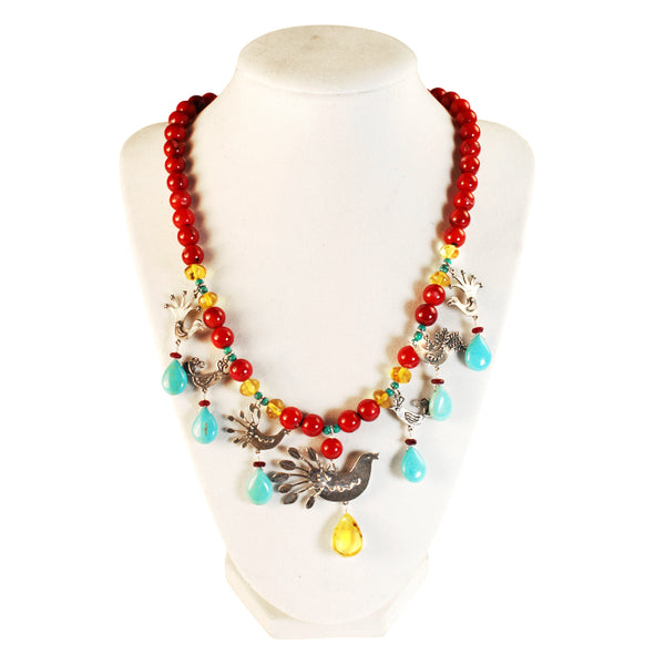 Seven Birds Necklace: Turquoise, Coral & Silver