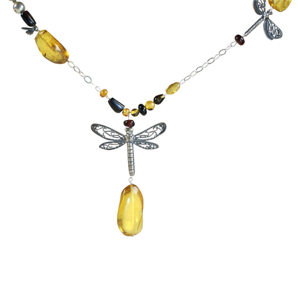 Dragonflies Long Necklace: Yellow and Red Amber