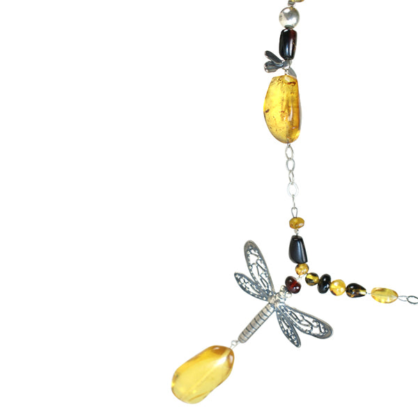 Dragonflies Long Necklace: Yellow and Red Amber