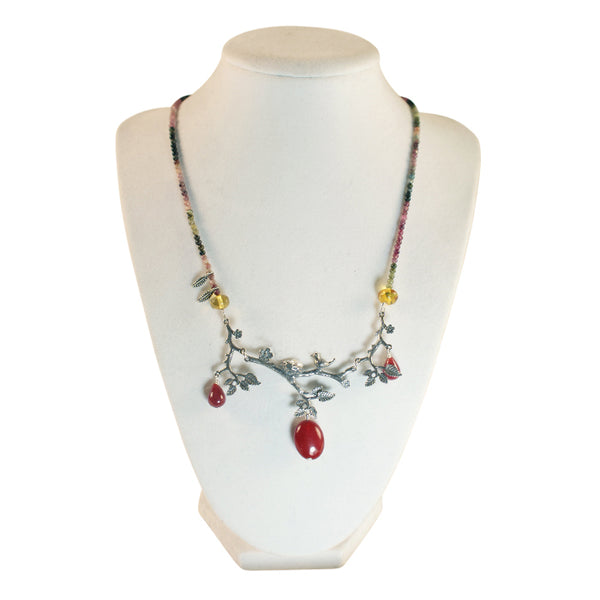 Bird With Nest Necklace: Amber, Red Jade  & Silver