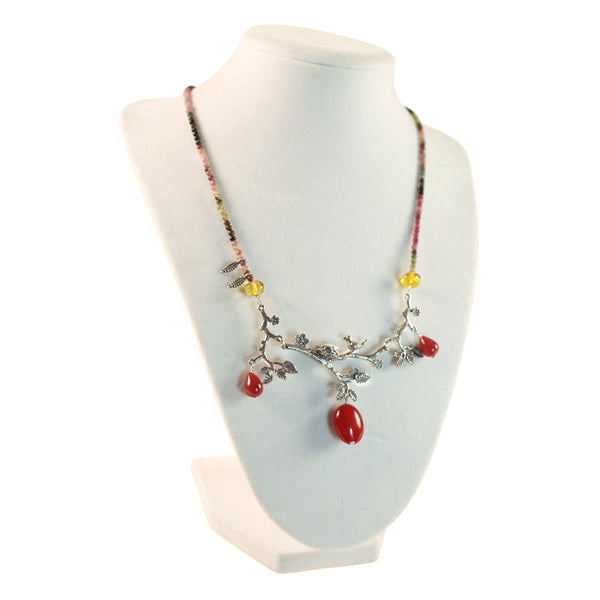 Bird With Nest Necklace: Amber, Red Jade  & Silver